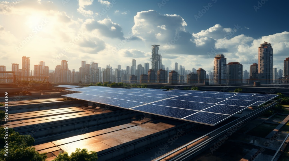 A beautiful blue sky with white clouds over a city with many skyscrapers and solar panels on the buildings. A beautiful blue sky with white clouds over a city with many skyscrapers and solar panels on the buildings.