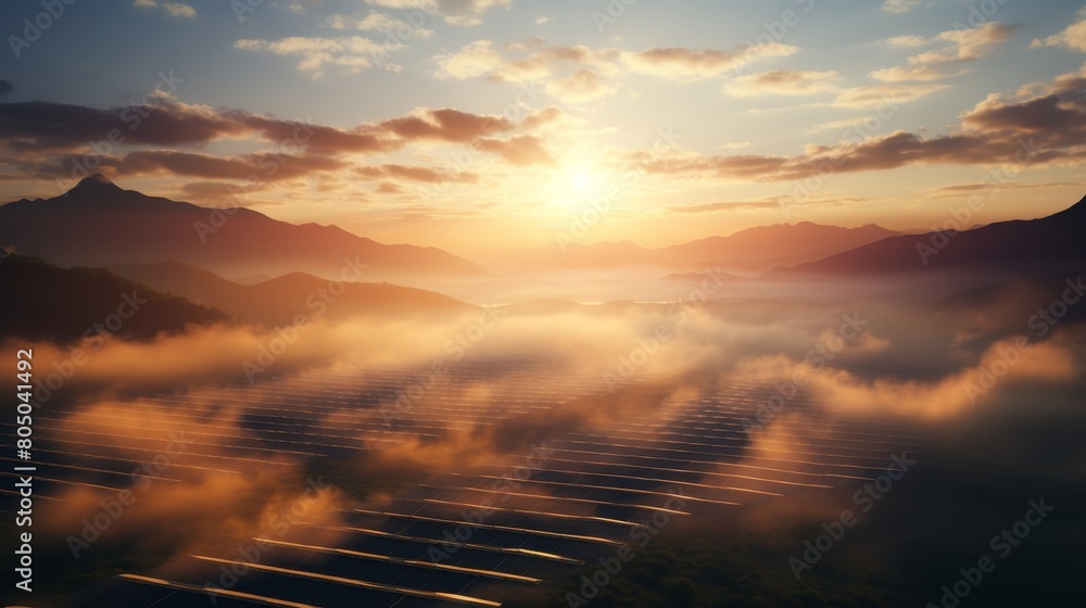 Fototapeta premium A beautiful landscape image of a large solar farm at sunset.