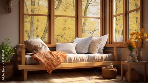 A cozy wooden daybed nestled by a sunny window, offering a tranquil spot for relaxation and daydreaming photo