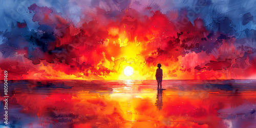Surreal painting of a man standing on the beach at sunset.