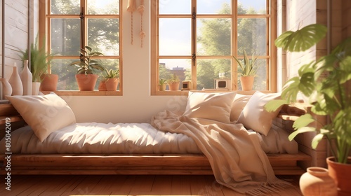 A cozy wooden daybed nestled by a sunny window, offering a tranquil spot for relaxation and daydreaming