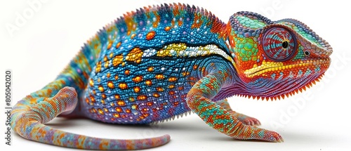 A colorful chameleon is laying on a white background photo