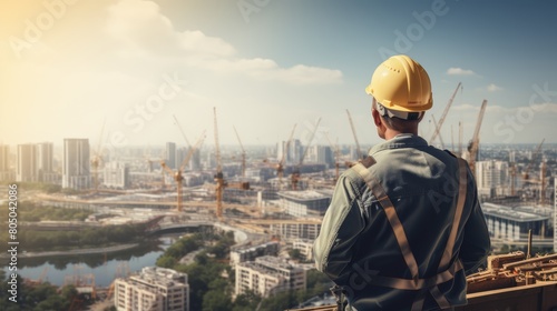 A construction worker wearing a hard hat and a safety vest is standing on a rooftop, looking out over a city skyline. © Sodapeaw