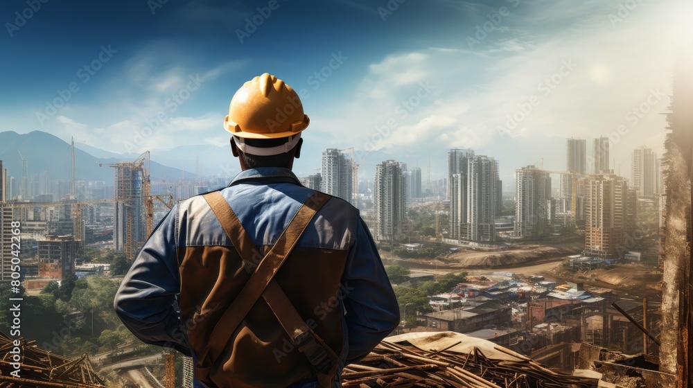 A construction worker wearing a hard hat is standing on a building under construction and looking at the city. A construction worker wearing a hard hat is standing on a building under construction and looking at the city.