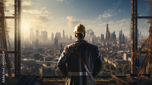 A construction worker wearing a hard hat is standing on a building under construction and looking at the city.