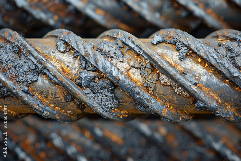 Close-up on bonded steel rebar, the core of reinforced concretes durability, essential in modern construction  