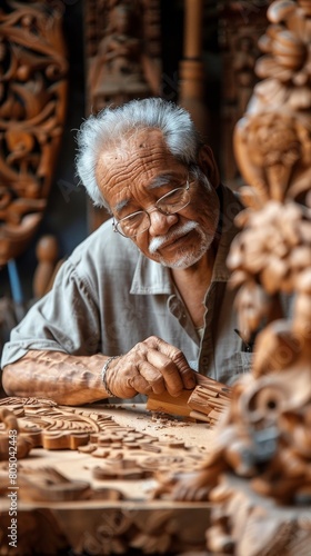 An old man is carving wood with a chisel