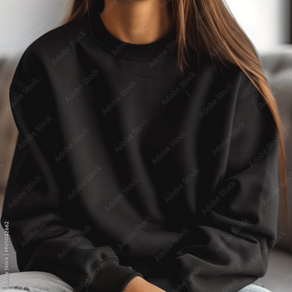 Casual young woman wearing a plain black sweatshirt mockup Casual young woman wearing a plain black sweatshirt mockup