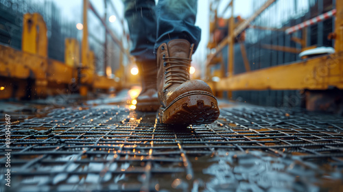 Close-up of worker's boots walking on a wet metal grid, industrial setting. © SERHII