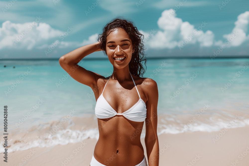 Radiant young woman in a white bikini enjoying a sunny beach vacation Radiant young woman in a white bikini enjoying a sunny beach vacation