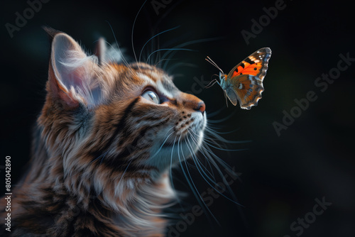 Enthralled cat with vibrant fur watching a butterfly in a serene natural setting photo