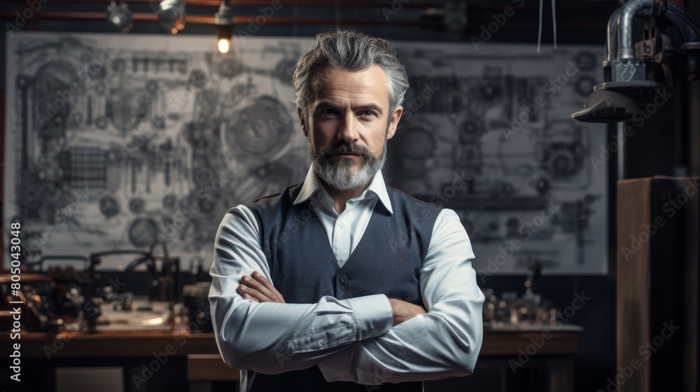 A handsome, middle-aged man with a beard and gray hair wearing a vest and white shirt standing in a workshop with a blueprint on the wall behind him. A handsome, middle-aged man with a beard and gray hair wearing a vest and white shirt standing in a workshop with a blueprint on the wall behind him.