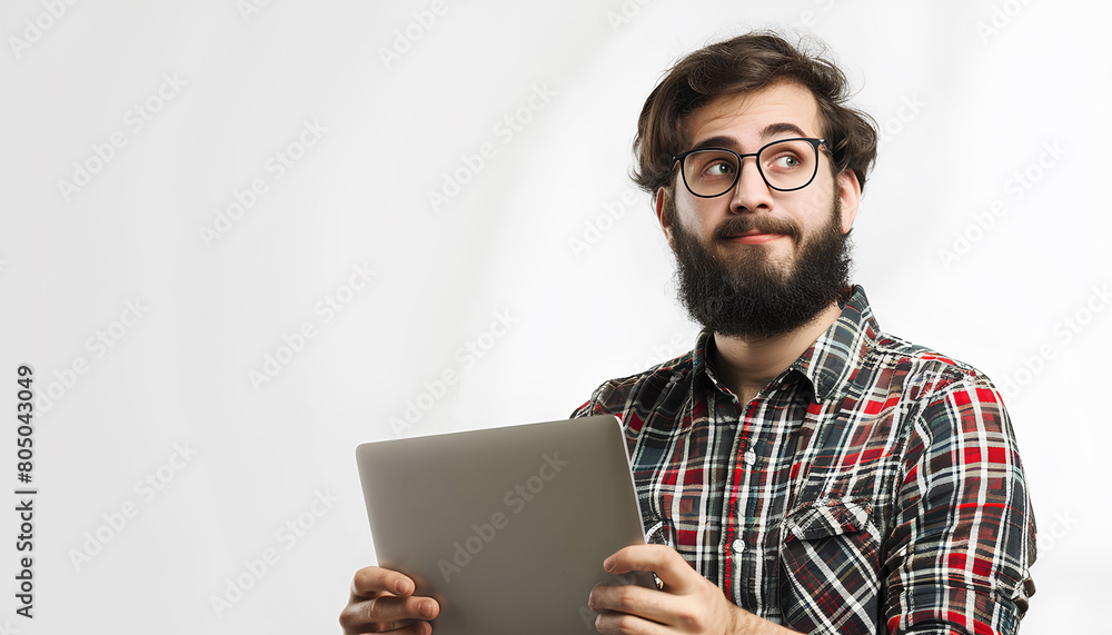 Young bearded man using laptop on white background Young bearded man using laptop on white background