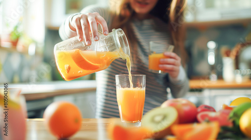 Closeup of Woman Preparing Orange Juice at Home: Nutritious Beverage for Wellness at table in kitchen.