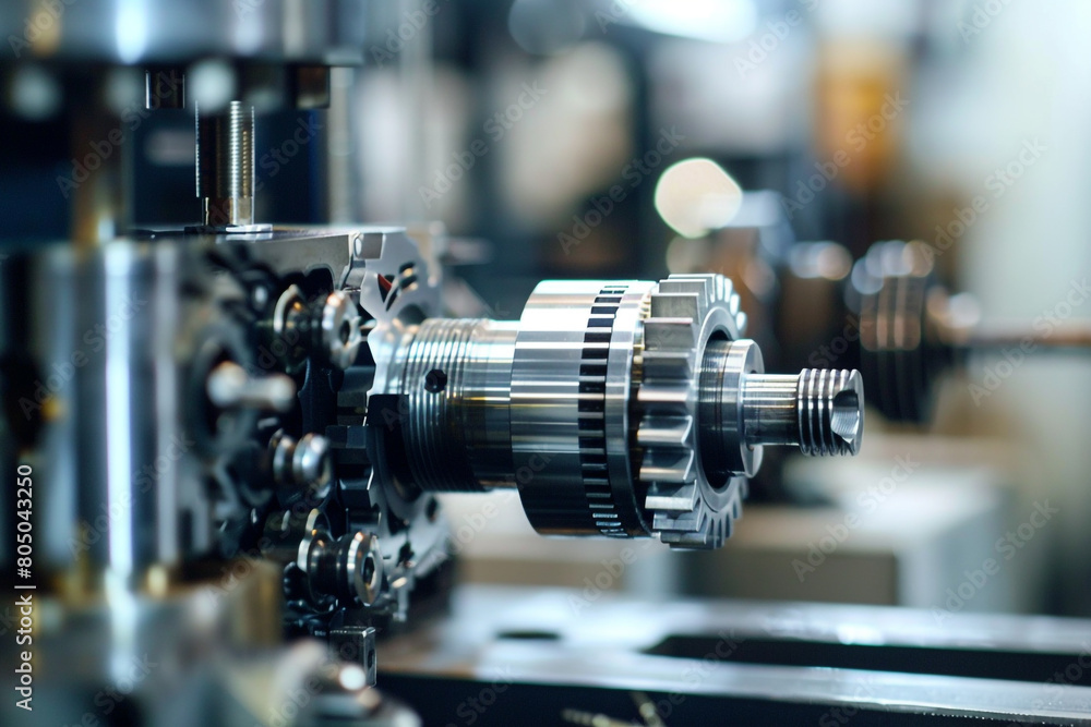 Close-up on the art of mechanical engineering, gears and components in sharp focus, amidst workshop ambiance 