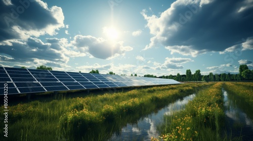 A large solar farm in a field of green grass and yellow flowers with a pond reflecting the solar panels and blue sky.