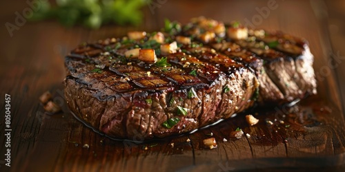 A juicy and tender steak, cooked to perfection, with a delicious sear on the outside and a pink, tender interior. AIG51A.