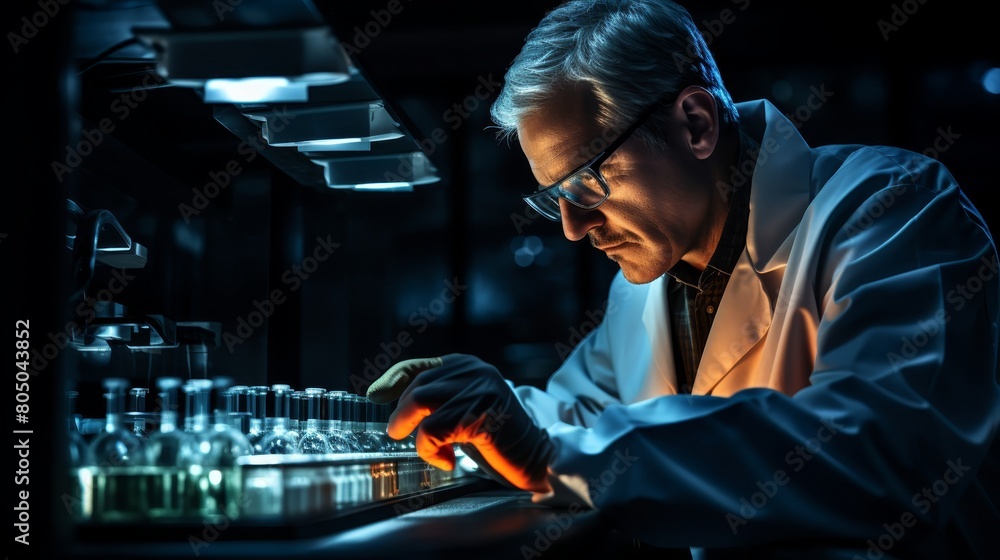 A scientist wearing a lab coat and safety glasses is working in a dimly lit laboratory. A scientist wearing a lab coat and safety glasses is working in a dimly lit laboratory.