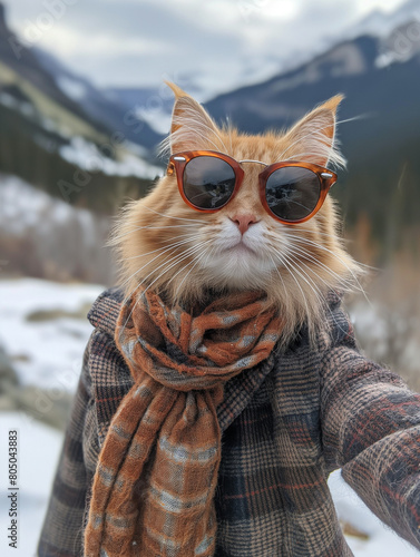 Maine coon cat takes selfies. He is wearing a scarf and sunglasses, standing against a background of the rocky mountains. Travel animal concept. photo