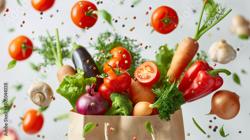 Fresh vegetables falling into paper bag vegetables and fruits on white background Shopping food supermarket concept healthy lifestyle vegan vegetarian menue recipe
