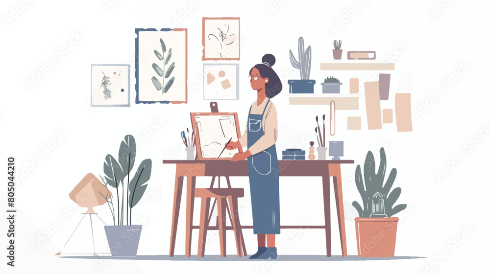 Female painter drawing in her art studio Hand drawn style
