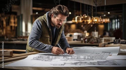 An architect working on blueprints for a building