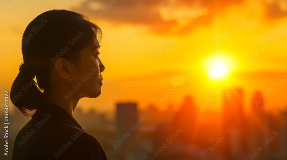 Fototapeta premium Contemplative young businesswoman reflects on work life challenges, gazing at the sunset and evening light against blurred cityscape backdrop