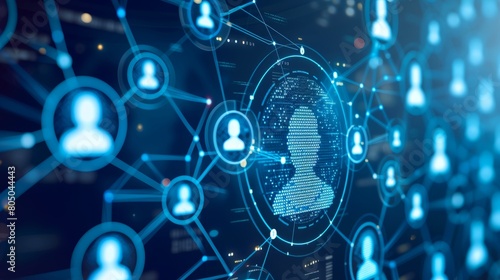 Obraz na płótnie Network of people connected to each other through lines and circles, futuristic digital network with person at the center w salonie