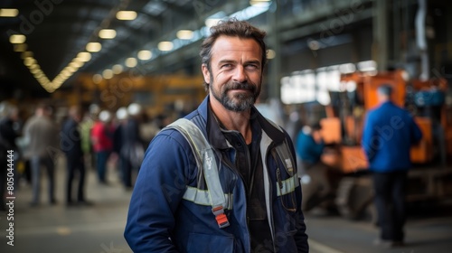 Bearded man in his 40s wearing a blue jumpsuit in a warehouse