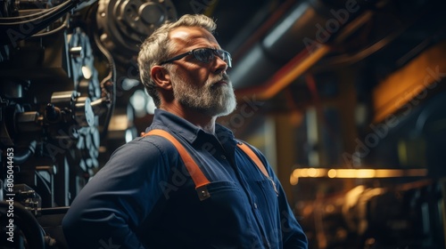 Bearded man in his 40s wearing blue coveralls and safety glasses standing in front of a large, complex machine