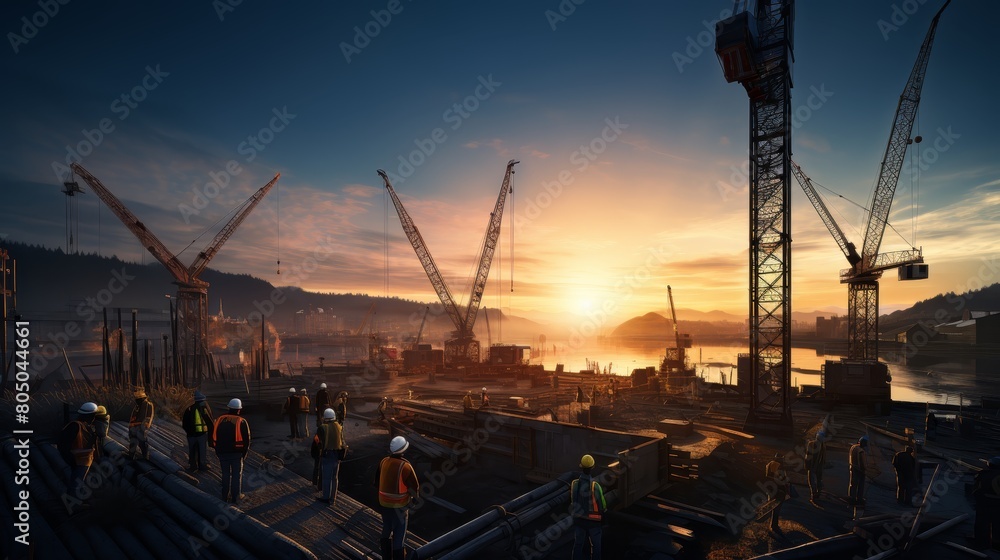 Construction workers on a building site with the sun setting in the background.