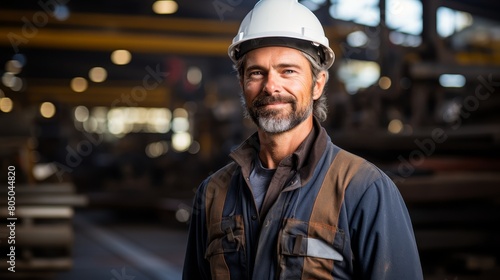 Portrait of a handsome blue-collar worker wearing a hard hat and coveralls, standing in a factory and smiling at the camera.