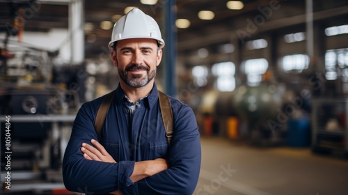 Portrait of a male engineer in a hard hat standing in a factory.