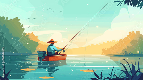 Man in big straw hat  fishing with fishing rod from a boat on picturesque lake in summertime,  flat illustration photo