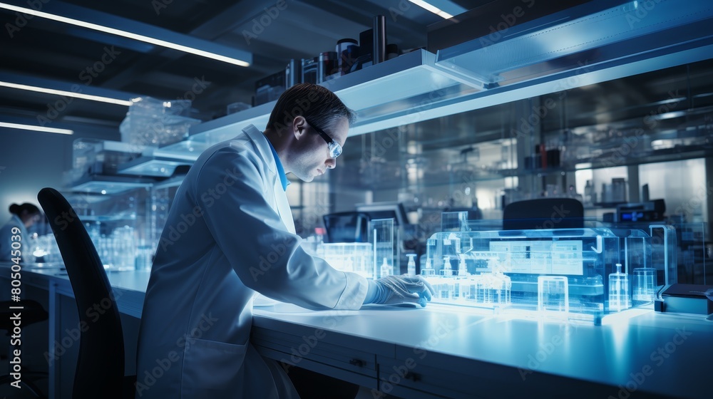 Scientist wearing lab coat and safety glasses works on futuristic 3D projection of molecular structure of new medicine Scientist wearing lab coat and safety glasses works on futuristic 3D projection of molecular structure of new medicine