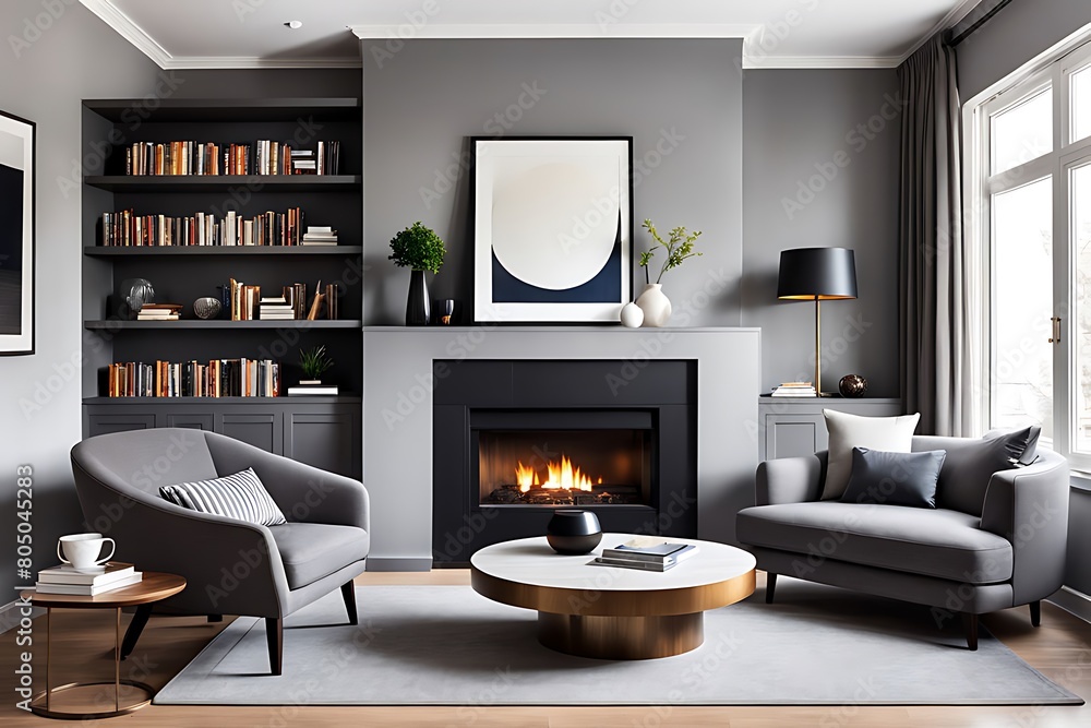  Barrel chair and round coffee table near grey corner fabric sofa against the wall with fireplace and bookshelves design. The interior design of the modern living room. 
