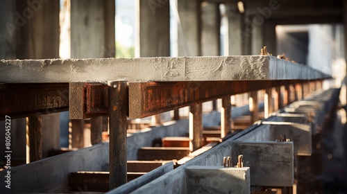 Unfinished concrete structure with rusty metal supports