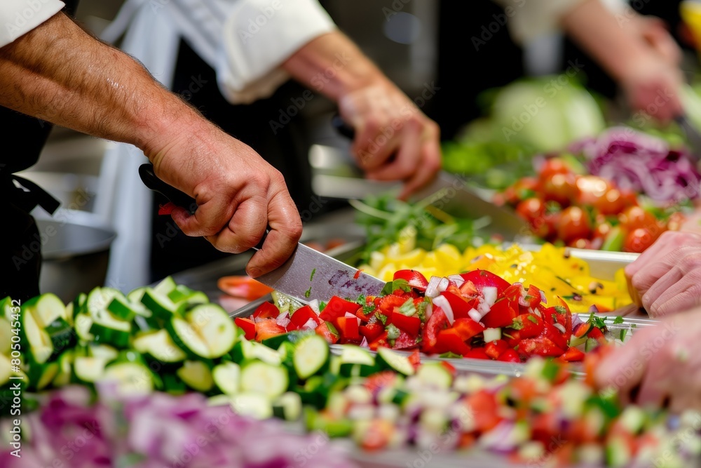 A closeup of chefs hands cutting up various vegetables on a table during a cooking class