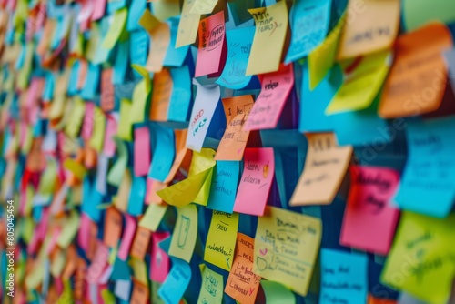 A closeup view of a wall completely covered in vibrant sticky notes with various messages and reminders