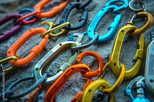 Various colored carabiners arranged on a textured rock surface