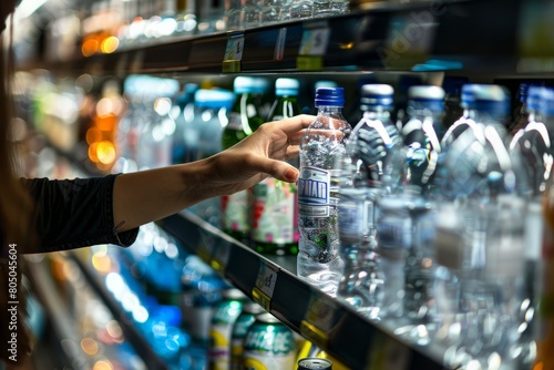 A womans hand is reaching for a bottle of water from a refrigerated shelf in a commercial setting photo