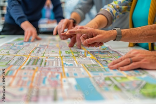 Various individuals pointing at sections of a large urban map, discussing locations and routes