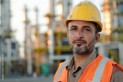 A closeup of a Middle Eastern engineer wearing a hard hat and safety vest