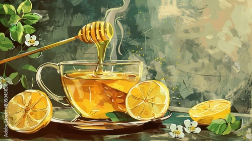 A painting of a cup of tea with a spoon and a lemon slice in it