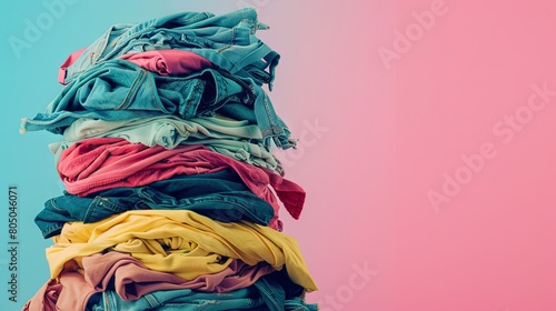 Colorful pile of folded clothes on dual background photo