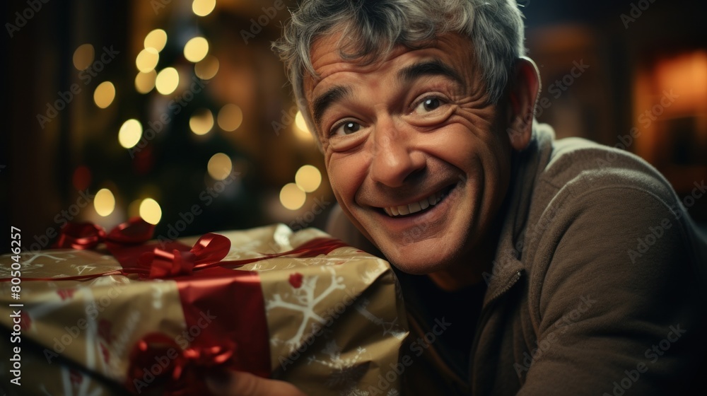 a man with a festive gift a man with a festive gift