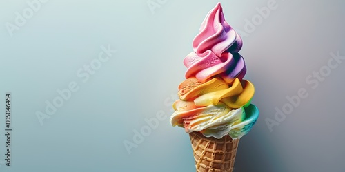 waffle cone with colorful ice cream. Copy space