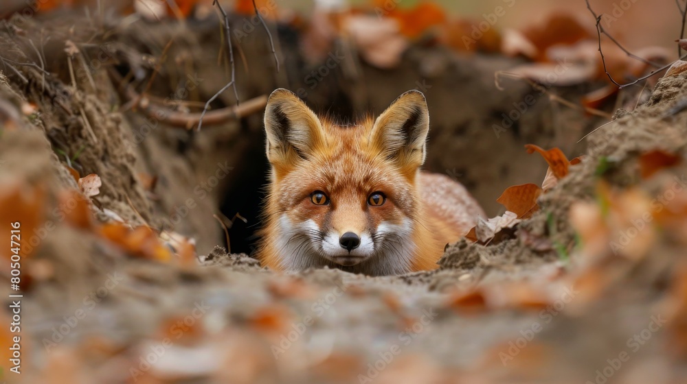 A fox is peeking out of a hole in the ground A fox is peeking out of a hole in the ground