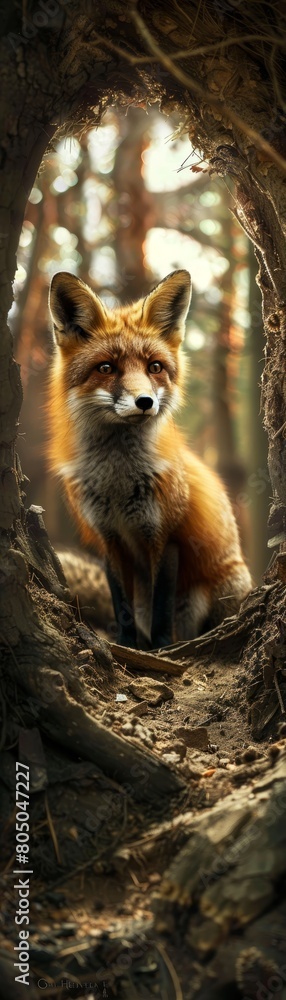 Fototapeta premium A fox is sitting in a hole in the woods