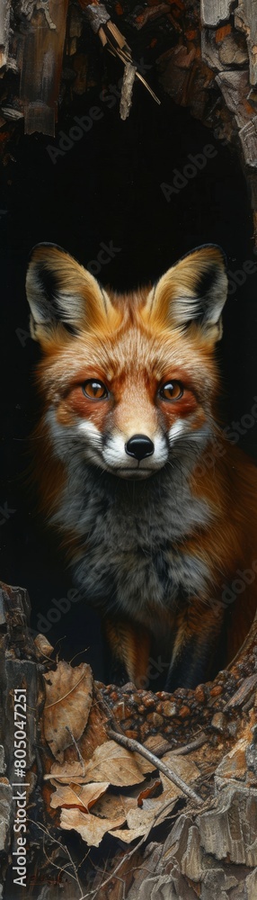 Fototapeta premium A fox is standing in a hole in a tree